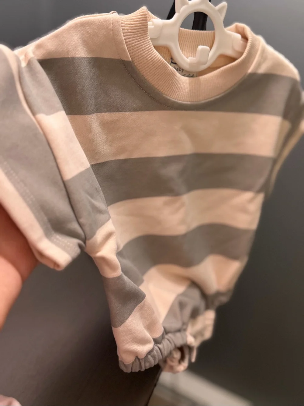 Baby Grace Striped Romper in Light Pink and Gray